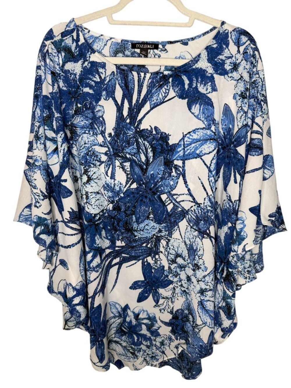Roz & Ali Blue Floral Poncho Overlay Top 2X